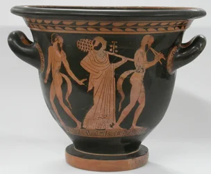 Rotfiguriger Glockenkrater, verschiedene Szenen im Zusammenhang mit Dionysos darstellend